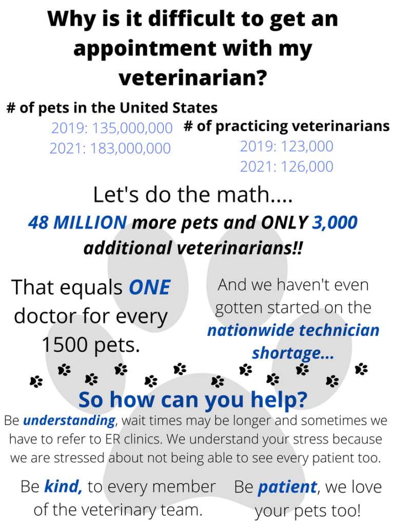 infographic of pet to vet ratios in 2019 and 2021, We have temporarily stopped accepting new clients