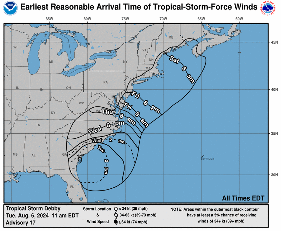 Debby wind chart